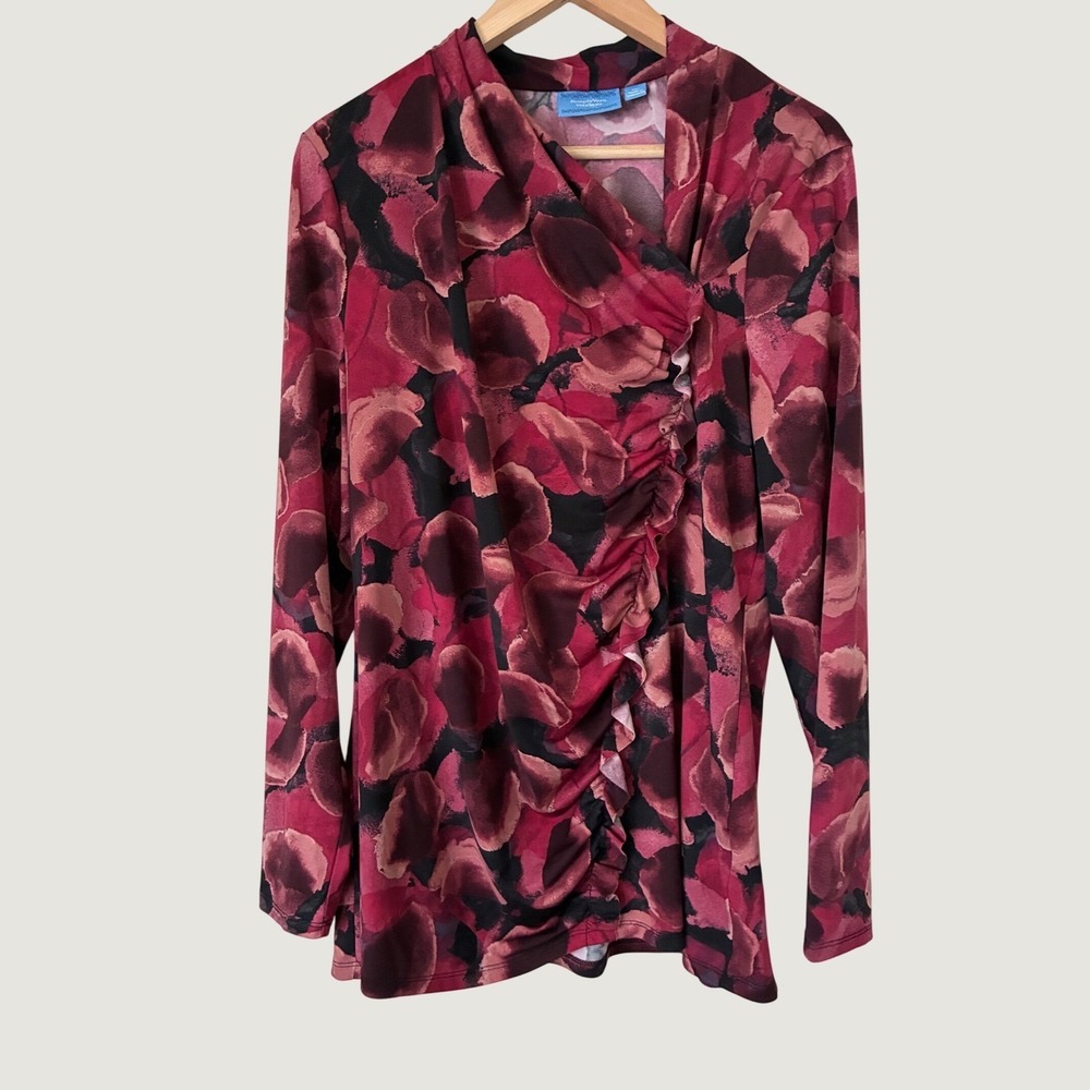 Simply Vera Vera Wang Floral Ruffle Faux Wrap Top Burgundy Pink XL Long Sleeve